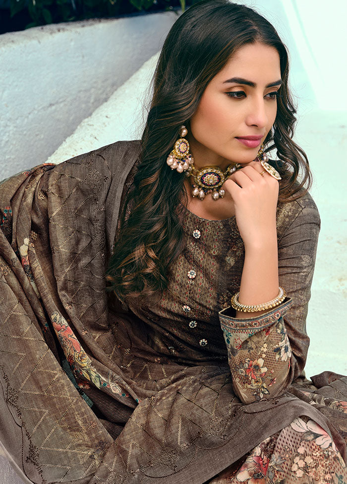 3 Pc Brown Unstitched Suit Set With Dupatta VDSL1002241 - Indian Silk House Agencies