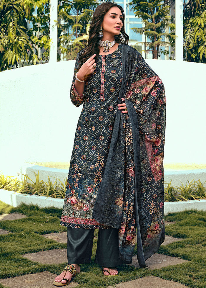 3 Pc Navy Blue Unstitched Suit Set With Dupatta VDSL1002242 - Indian Silk House Agencies