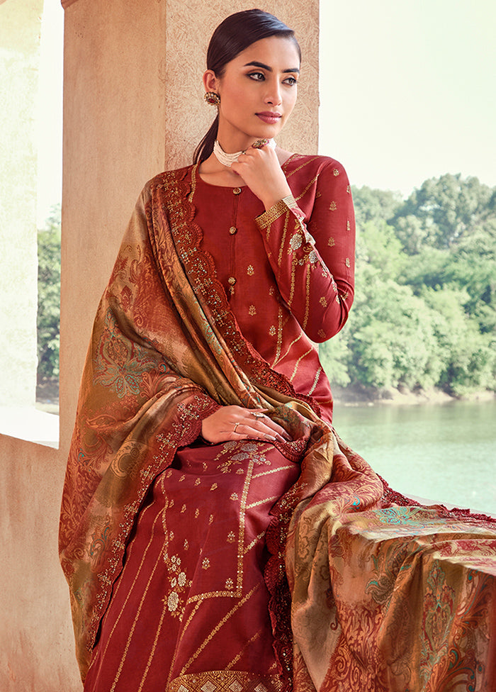 3 Pc Rust Unstitched Suit Set With Dupatta VDSL0103233 - Indian Silk House Agencies