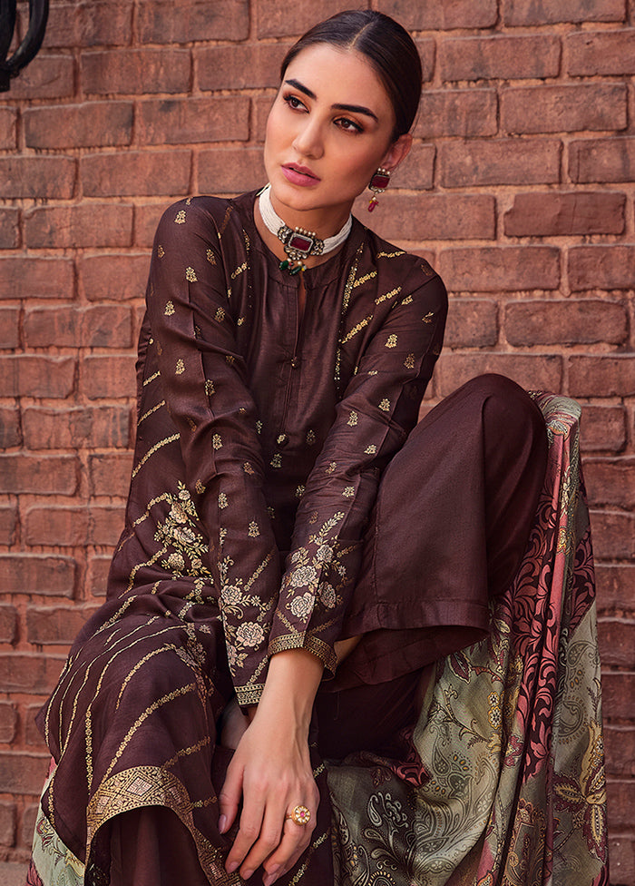 3 Pc Brown Unstitched Suit Set With Dupatta VDSL0103234 - Indian Silk House Agencies