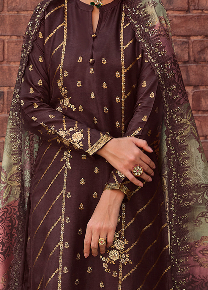 3 Pc Brown Unstitched Suit Set With Dupatta VDSL0103234 - Indian Silk House Agencies