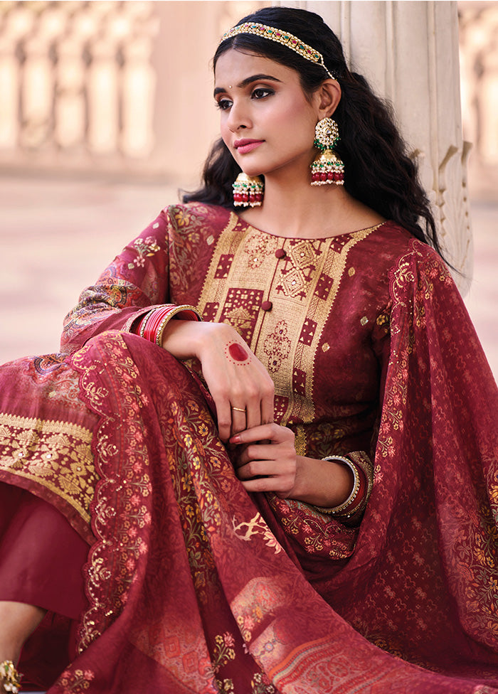 3 Pc Maroon Unstitched Suit Set With Dupatta VDSL0103236 - Indian Silk House Agencies