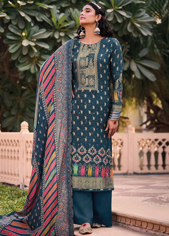 3 Pc Blue Unstitched Suit Set With Dupatta VDSL0103239 - Indian Silk House Agencies