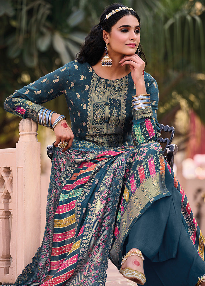 3 Pc Blue Unstitched Suit Set With Dupatta VDSL0103239 - Indian Silk House Agencies
