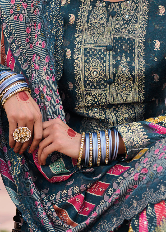 3 Pc Blue Unstitched Suit Set With Dupatta VDSL0103239 - Indian Silk House Agencies