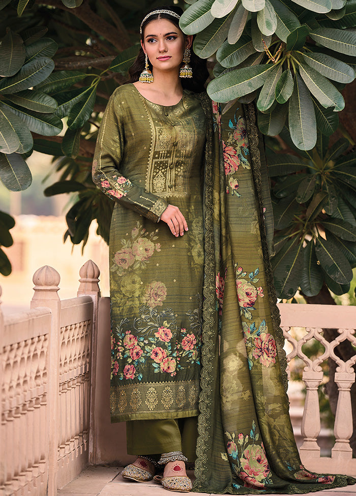 3 Pc Olive Green Unstitched Suit Set With Dupatta VDSL0103240 - Indian Silk House Agencies