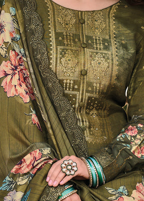 3 Pc Olive Green Unstitched Suit Set With Dupatta VDSL0103240 - Indian Silk House Agencies