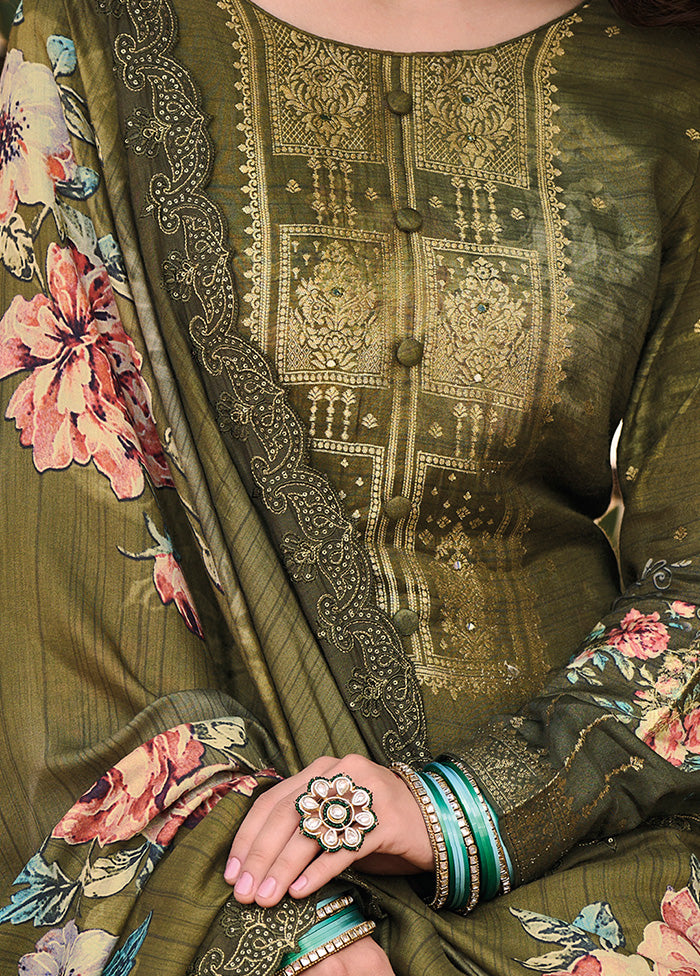 3 Pc Olive Green Unstitched Suit Set With Dupatta VDSL0103240 - Indian Silk House Agencies