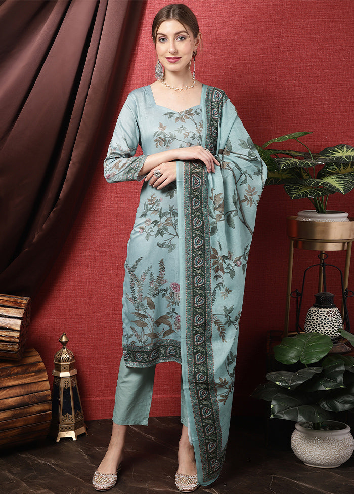 3 Pc Blue Unstitched Cotton Suit Set - Indian Silk House Agencies