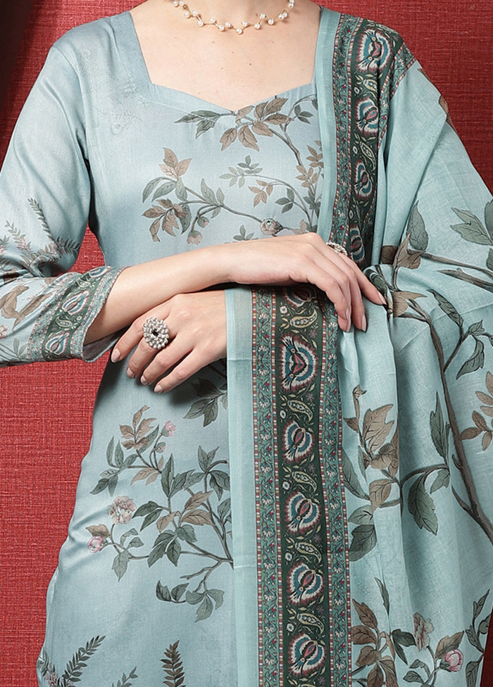 3 Pc Blue Unstitched Cotton Suit Set - Indian Silk House Agencies