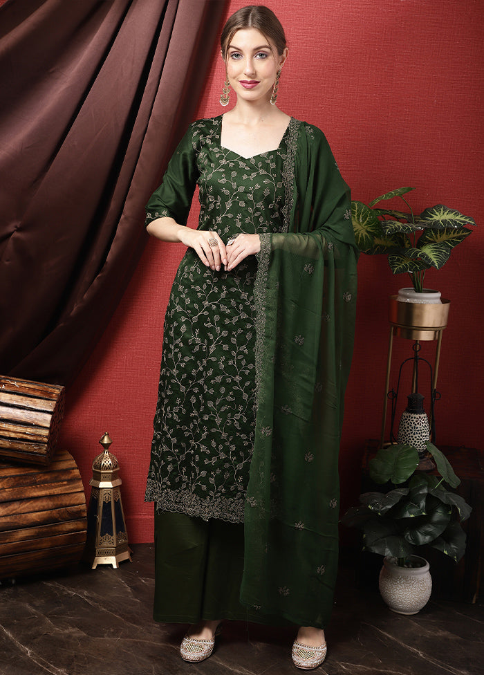 3 Pc Green Unstitched Cotton Suit Set - Indian Silk House Agencies