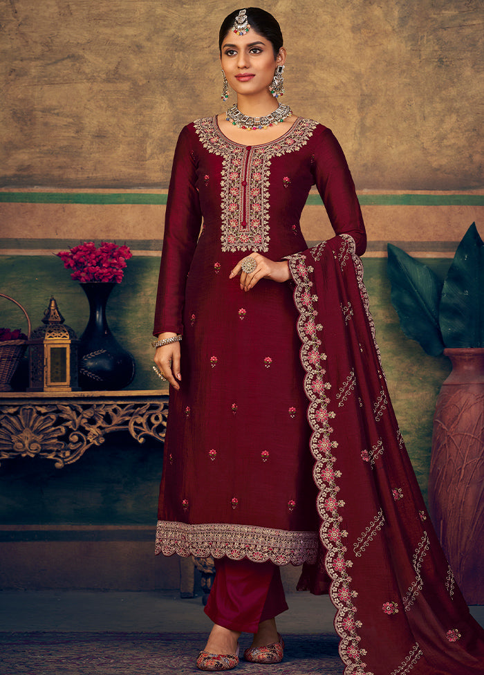 3 Pc Maroon Unstitched Suit Set With Dupatta VDSL2503236 - Indian Silk House Agencies
