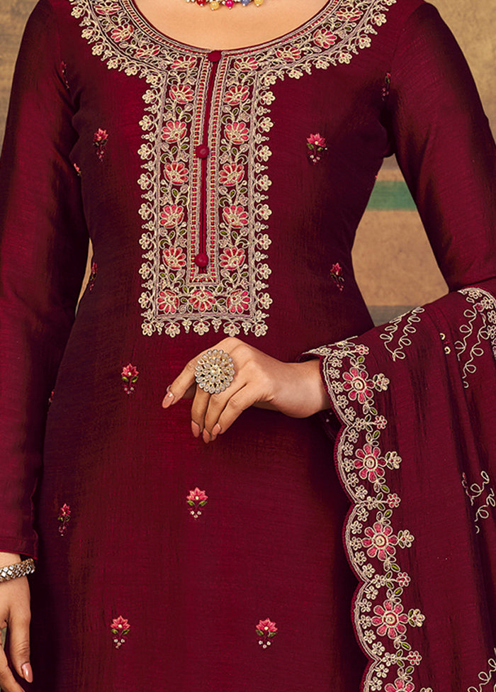3 Pc Maroon Unstitched Suit Set With Dupatta VDSL2503236 - Indian Silk House Agencies
