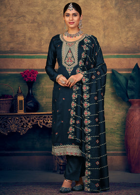3 Pc Navy Blue Unstitched Suit Set With Dupatta VDSL2503237 - Indian Silk House Agencies