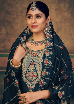 3 Pc Navy Blue Unstitched Suit Set With Dupatta VDSL2503237 - Indian Silk House Agencies