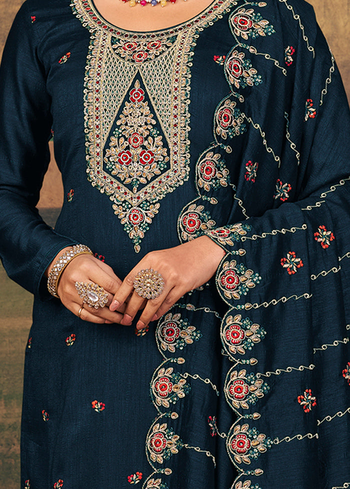 3 Pc Navy Blue Unstitched Suit Set With Dupatta VDSL2503237 - Indian Silk House Agencies