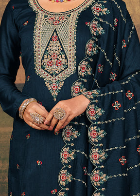 3 Pc Navy Blue Unstitched Suit Set With Dupatta VDSL2503237 - Indian Silk House Agencies