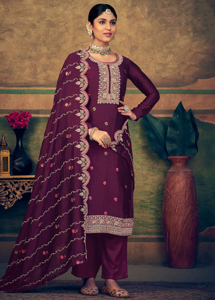 3 Pc Burgundy Unstitched Suit Set With Dupatta VDSL2503238 - Indian Silk House Agencies