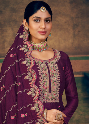3 Pc Burgundy Unstitched Suit Set With Dupatta VDSL2503238 - Indian Silk House Agencies