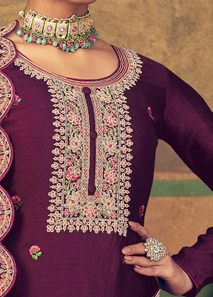 3 Pc Burgundy Unstitched Suit Set With Dupatta VDSL2503238 - Indian Silk House Agencies