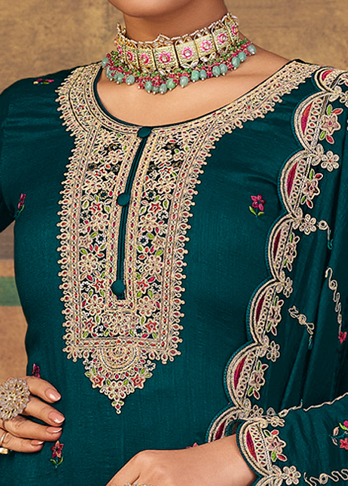 3 Pc Sea Green Unstitched Suit Set With Dupatta VDSL2503239 - Indian Silk House Agencies