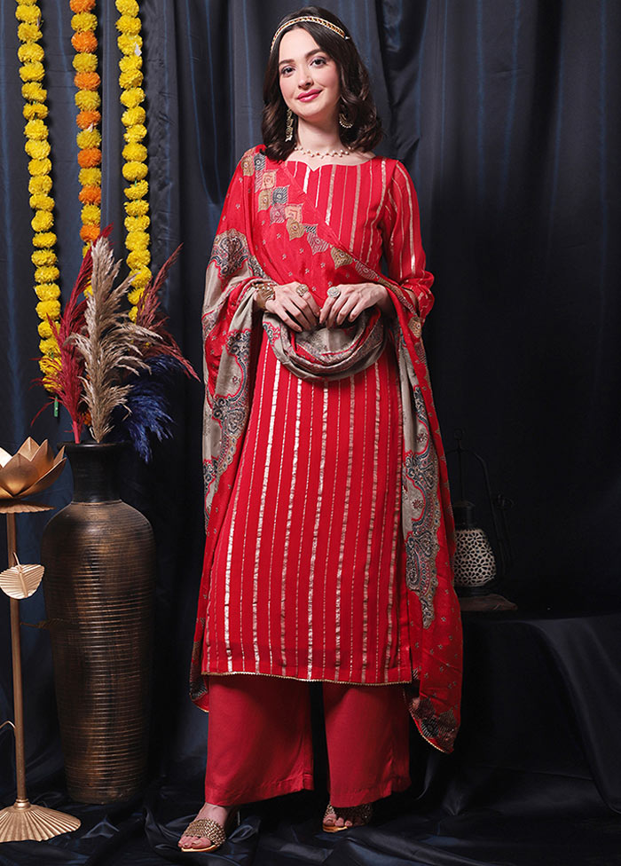 3 Pc Red Unstitched Salwar Suit Set With Dupatta VDSL0604231 - Indian Silk House Agencies