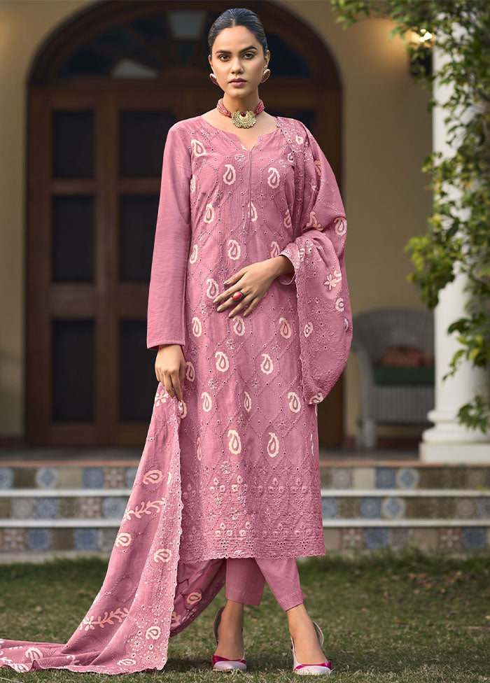 3 Pc Pink Unstitched Pure Cotton Thread Work Suit Set VDSL08052023 - Indian Silk House Agencies