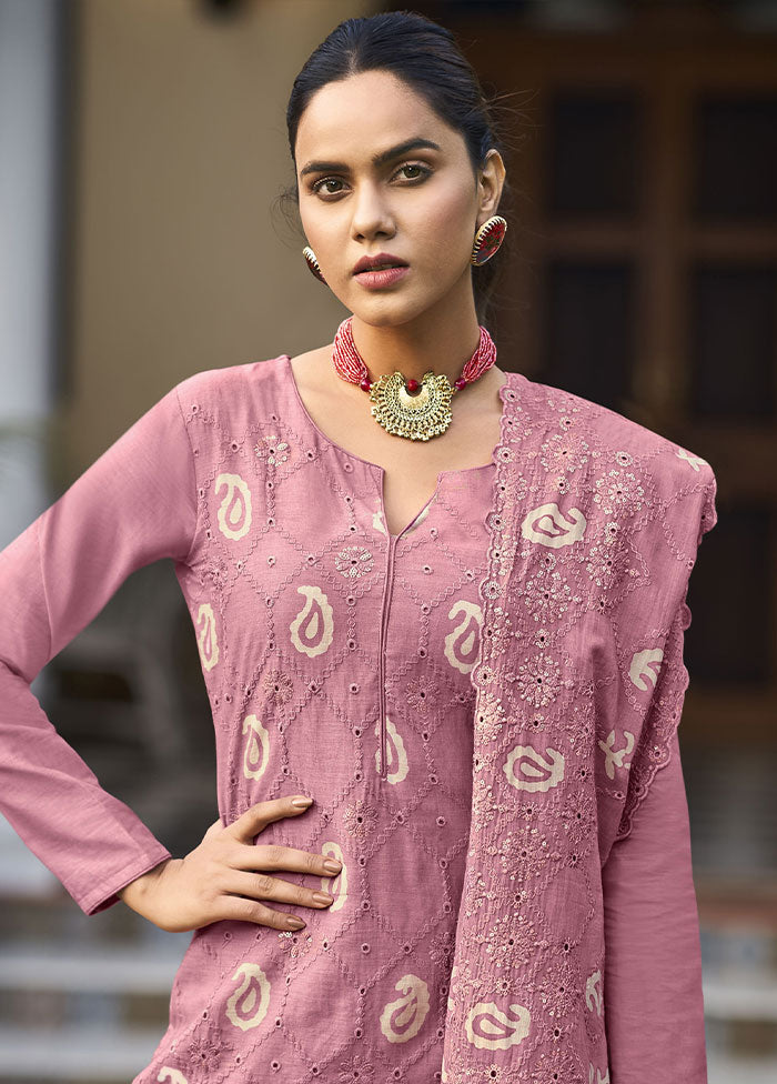 3 Pc Pink Unstitched Pure Cotton Thread Work Suit Set VDSL08052023 - Indian Silk House Agencies