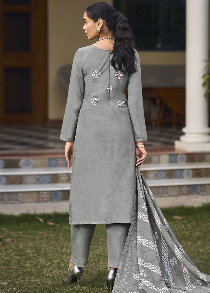 3 Pc Grey Unstitched Pure Cotton Thread Work Suit Set VDSL08052024 - Indian Silk House Agencies