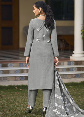 3 Pc Grey Unstitched Pure Cotton Thread Work Suit Set VDSL08052024 - Indian Silk House Agencies