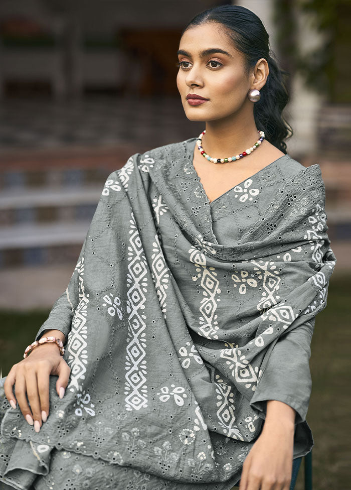 3 Pc Grey Unstitched Pure Cotton Thread Work Suit Set VDSL08052024 - Indian Silk House Agencies