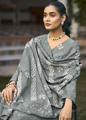 3 Pc Grey Unstitched Pure Cotton Thread Work Suit Set VDSL08052024 - Indian Silk House Agencies