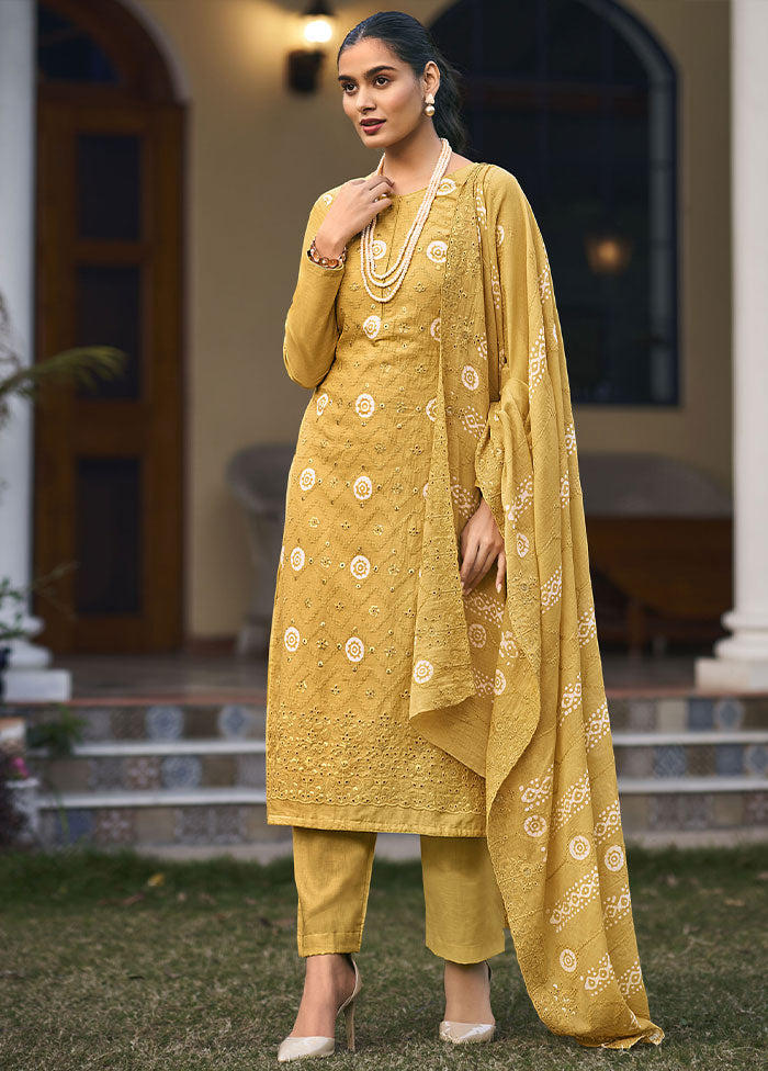 3 Pc Yellow Unstitched Pure Cotton Thread Work Suit Set VDSL08052025 - Indian Silk House Agencies