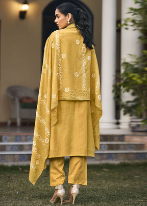 3 Pc Yellow Unstitched Pure Cotton Thread Work Suit Set VDSL08052025 - Indian Silk House Agencies
