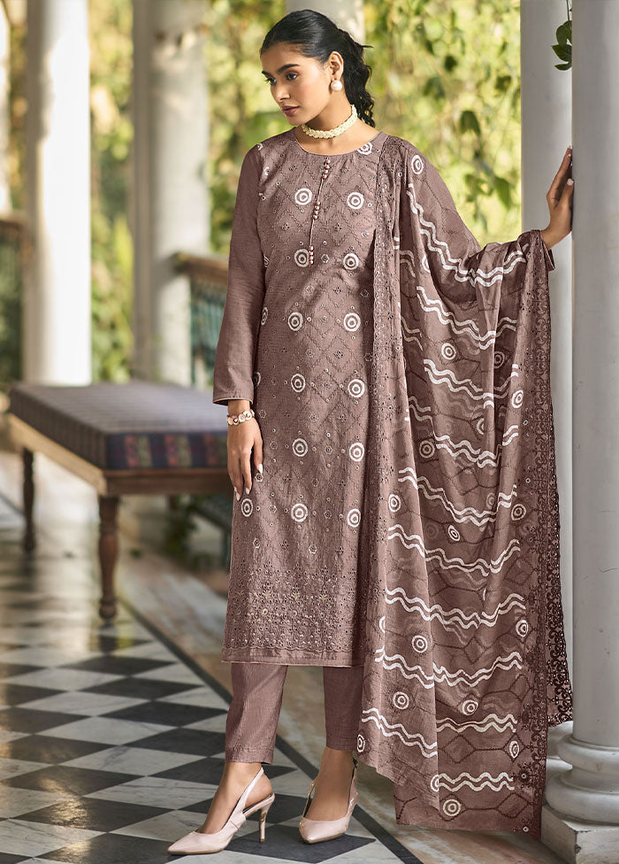 3 Pc Brown Unstitched Pure Cotton Thread Work Suit Set VDSL08052027 - Indian Silk House Agencies
