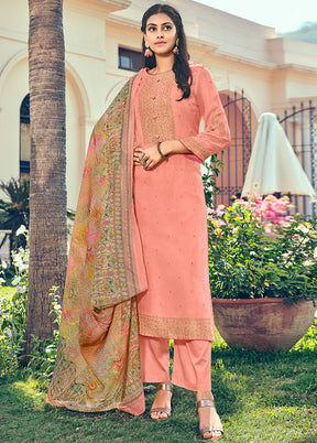 3 Pc Peach Unstitched Pure Silk Suit Set VDSL16052024 - Indian Silk House Agencies