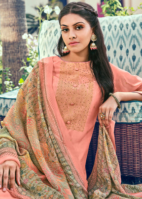 3 Pc Peach Unstitched Pure Silk Suit Set VDSL16052024 - Indian Silk House Agencies