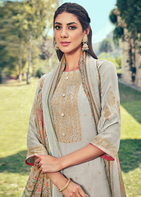 3 Pc Grey Unstitched Pure Silk Suit Set VDSL16052026 - Indian Silk House Agencies