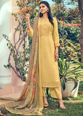 3 Pc Yellow Unstitched Pure Silk Suit Set VDSL16052027 - Indian Silk House Agencies