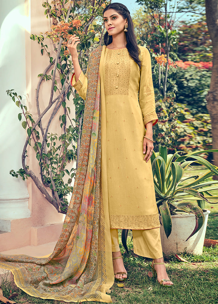 3 Pc Yellow Unstitched Pure Silk Suit Set VDSL16052027 - Indian Silk House Agencies