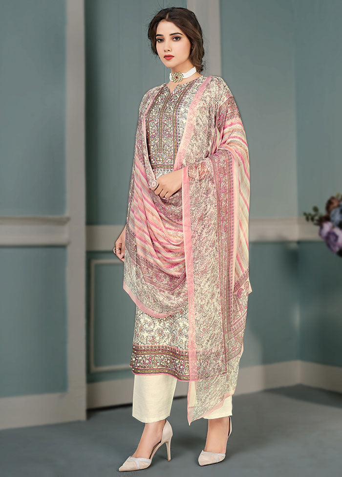 3 Pc Off White Unstitched Cotton Suit Set VDSL25052025 - Indian Silk House Agencies