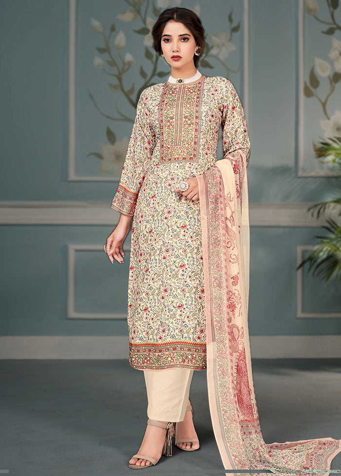 3 Pc Light Yellow Unstitched Cotton Suit Set VDSL25052029 - Indian Silk House Agencies
