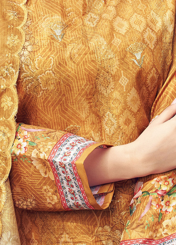 3 Pc Mustard Unstitched Silk Suit Set VDSL25052032 - Indian Silk House Agencies