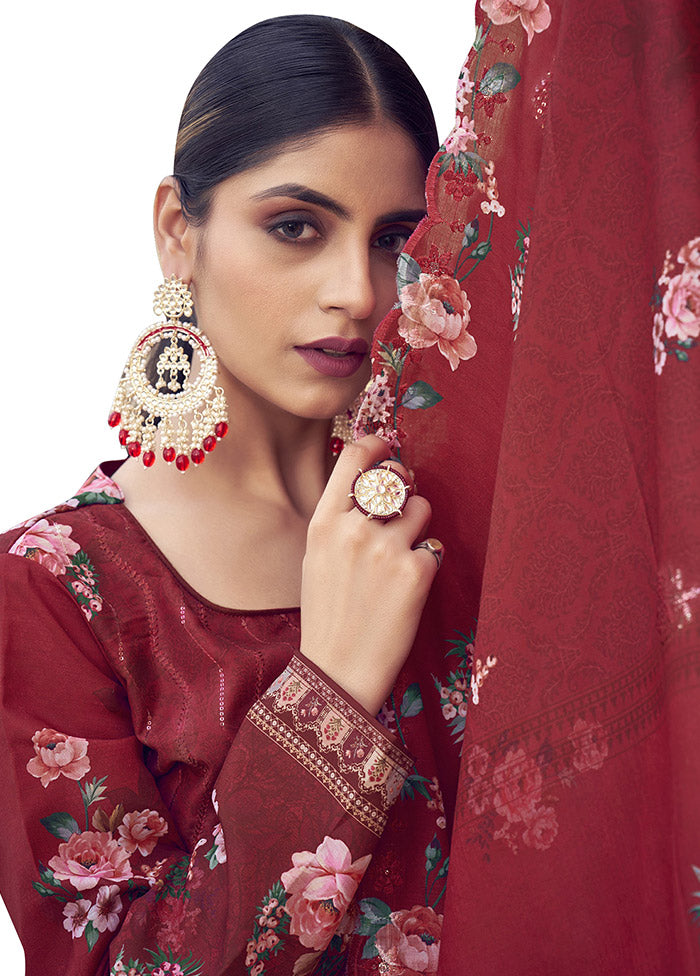 3 Pc Red Unstitched Silk Printed Suit Set VDSL25052035 - Indian Silk House Agencies