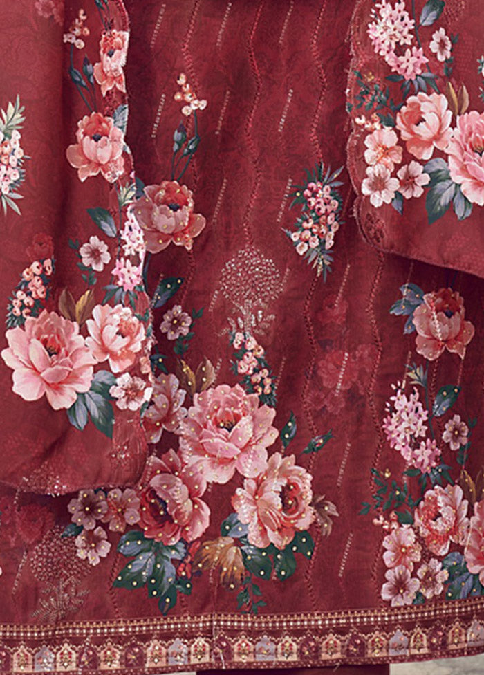 3 Pc Red Unstitched Silk Printed Suit Set VDSL25052035 - Indian Silk House Agencies