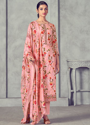 3 Pc Pink Unstitched Pure Cotton Suit Set - Indian Silk House Agencies