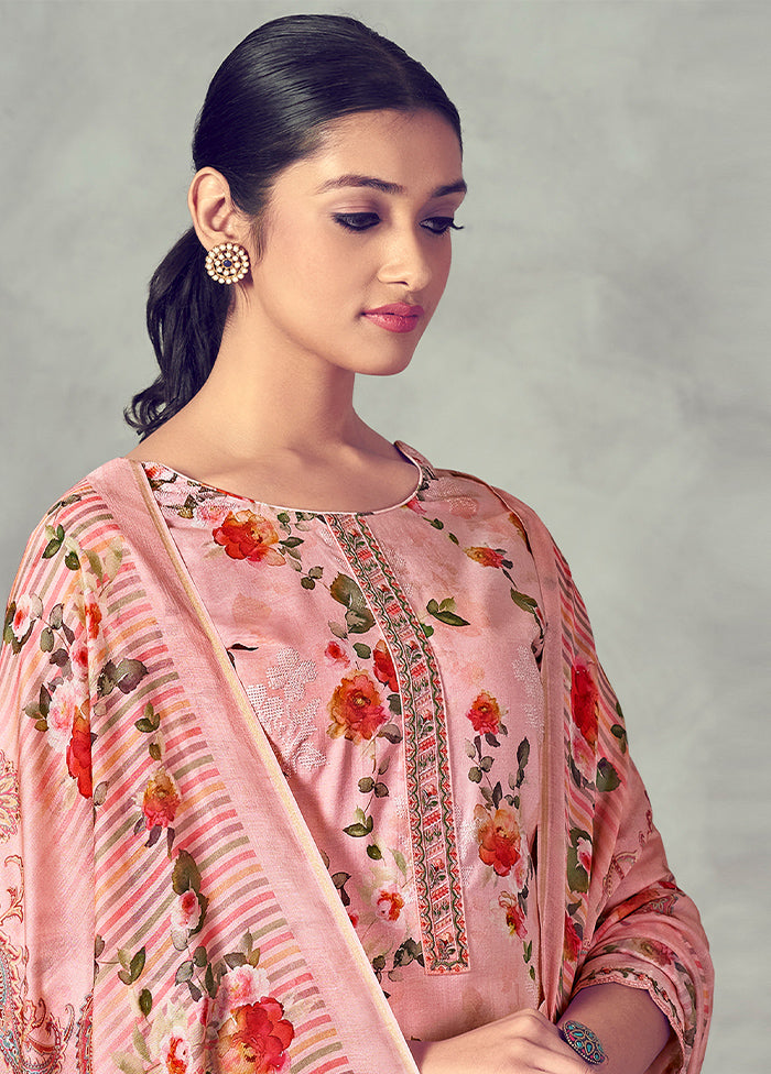 3 Pc Pink Unstitched Pure Cotton Suit Set - Indian Silk House Agencies