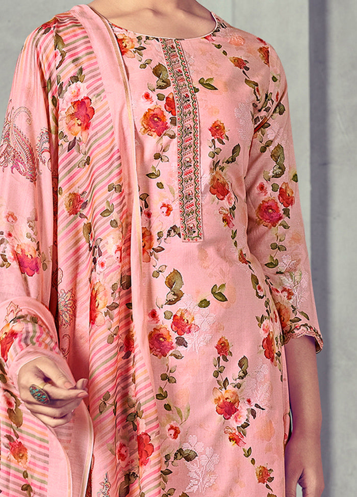 3 Pc Pink Unstitched Pure Cotton Suit Set - Indian Silk House Agencies