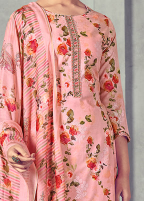 3 Pc Pink Unstitched Pure Cotton Suit Set - Indian Silk House Agencies