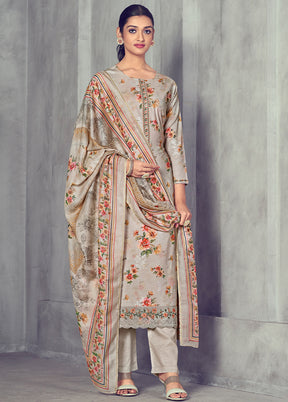 3 Pc Grey Unstitched Pure Cotton Suit Set - Indian Silk House Agencies